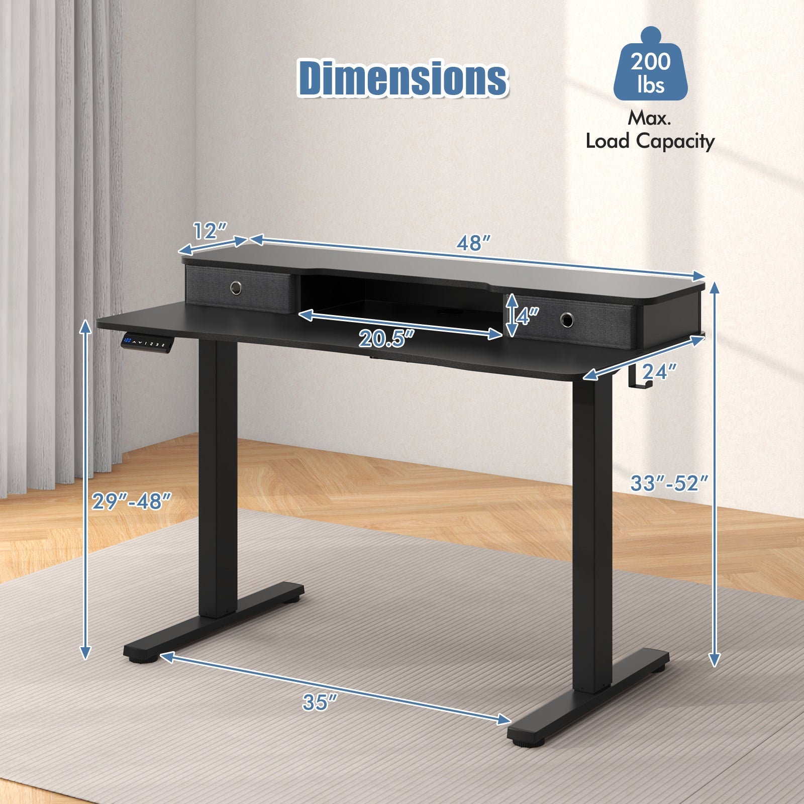 48 Inch x 24 Inch Height Adjustable Electric Standing Desk with 2 Drawers