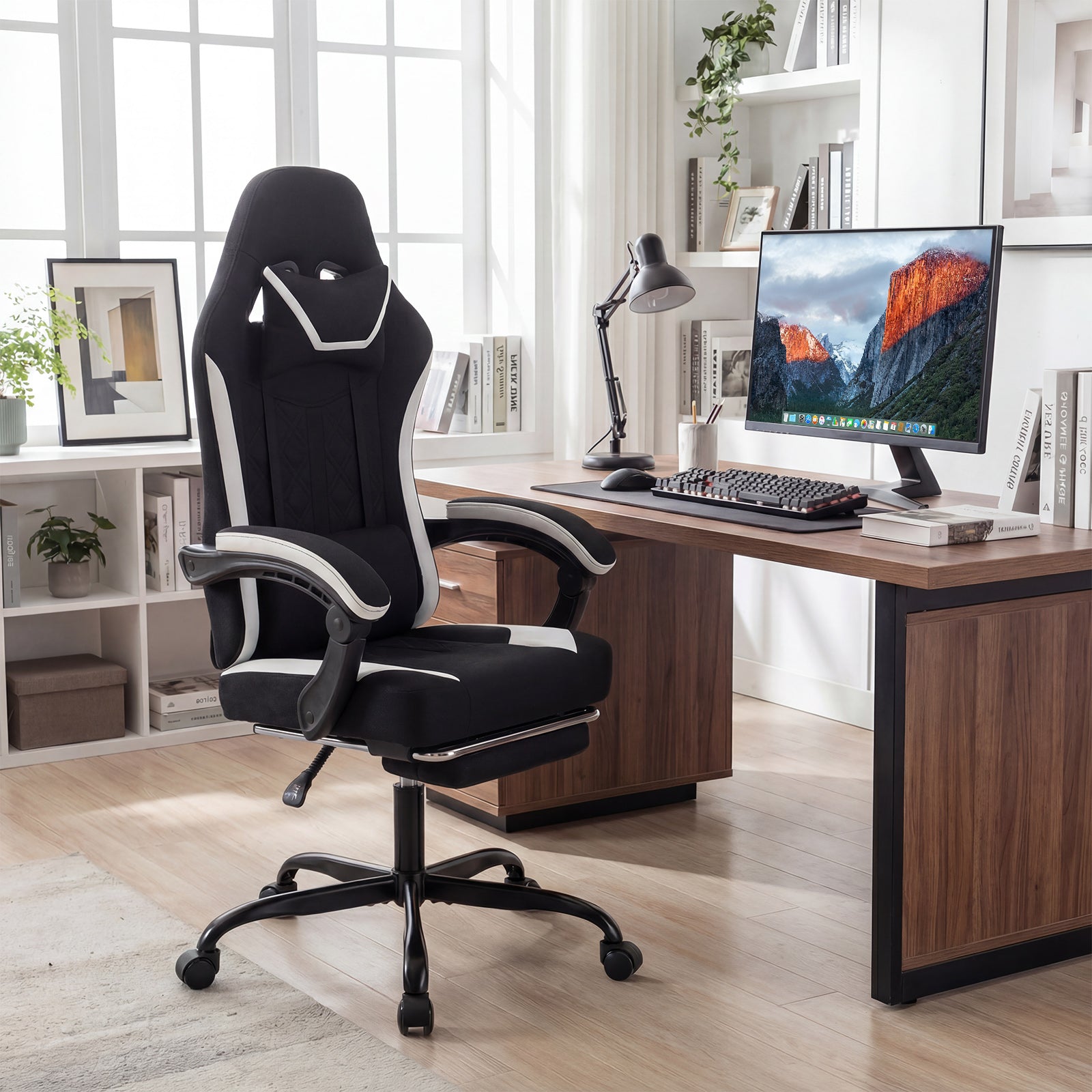 Black Gaming Chair with Headrest and Footrest