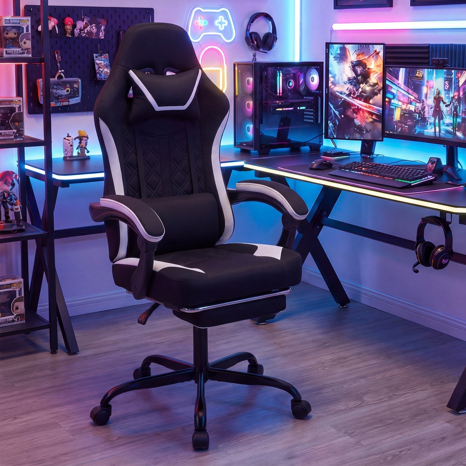 Black Gaming Chair with Headrest and Footrest
