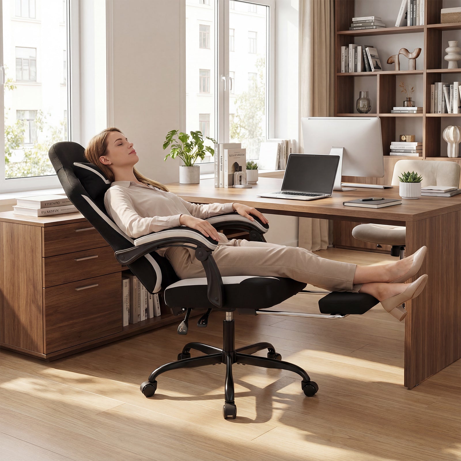 Black Gaming Chair with Headrest and Footrest