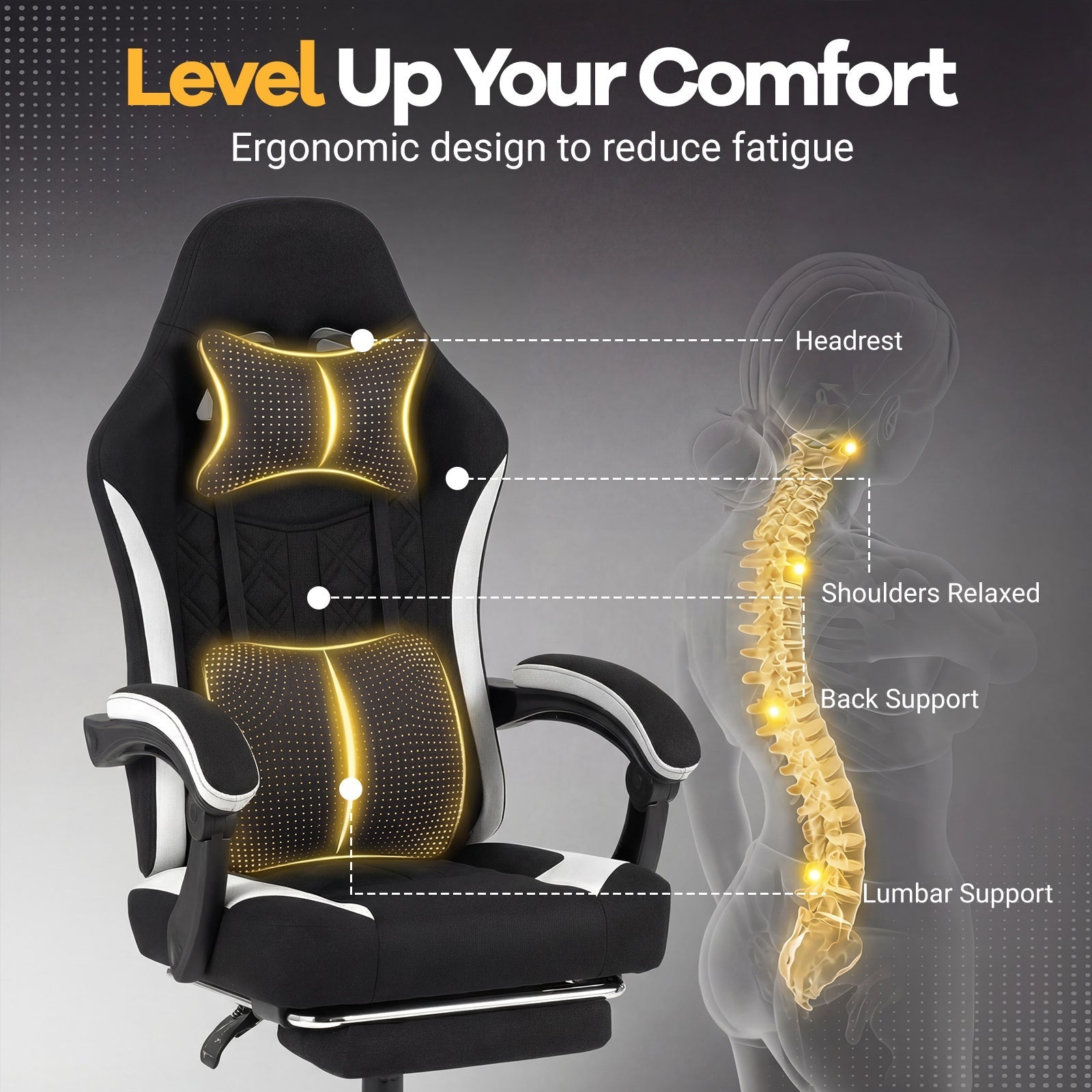 Black Gaming Chair with Headrest and Footrest