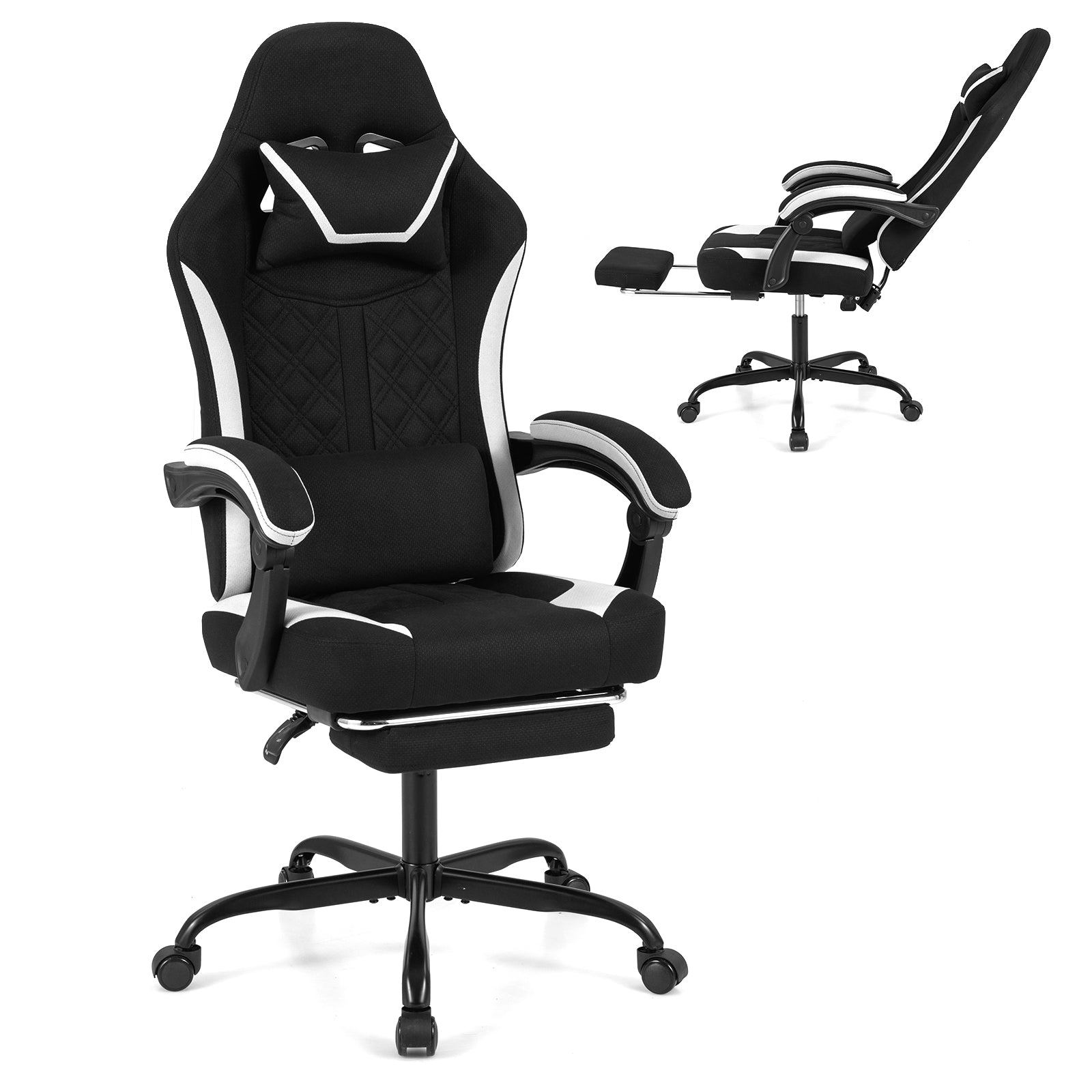 Black Gaming Chair with Headrest and Footrest