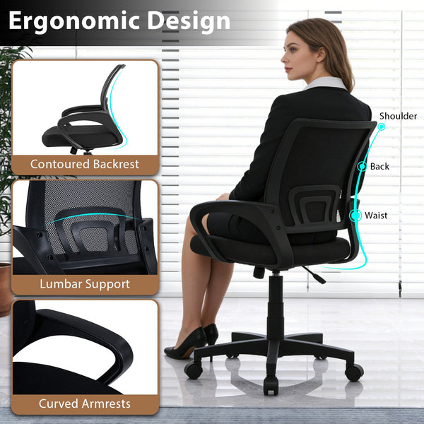 Mid-Back Mesh Office Chair Ergonomic Computer Chair with Lumbar Support-Black