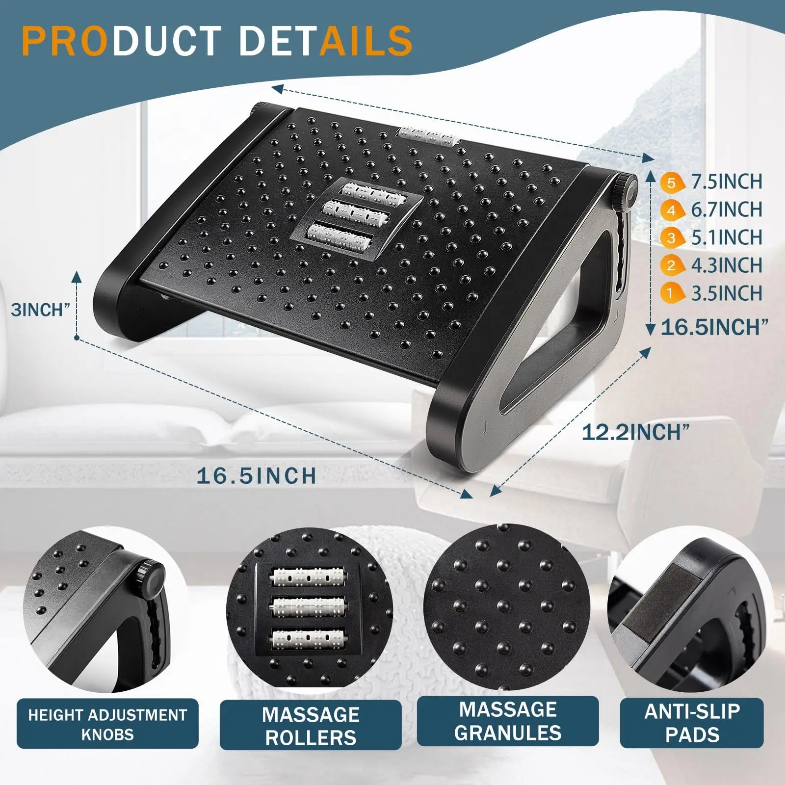 Ergonomic Under-Desk Footrest With Massage Rollers