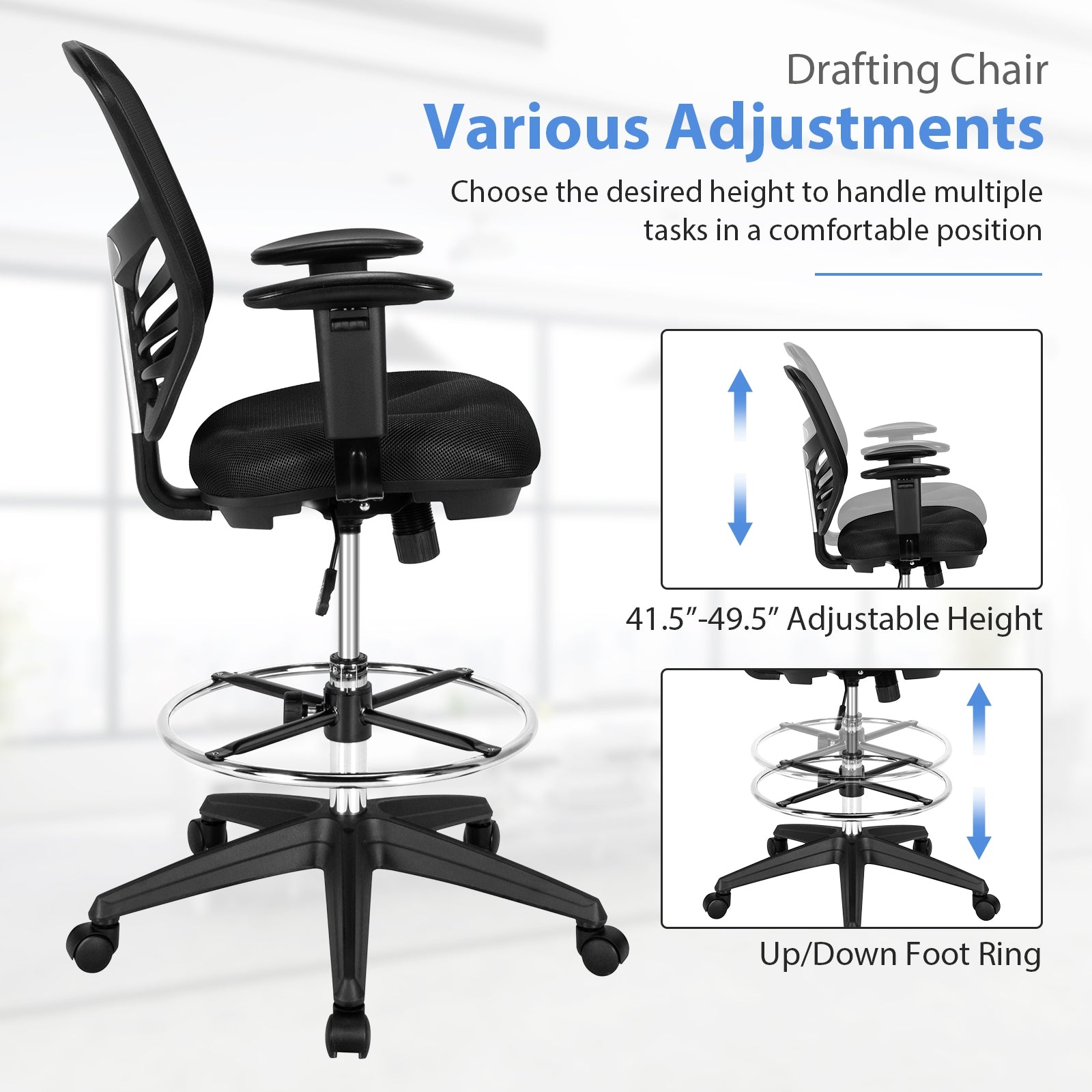 Black Mesh Drafting Chair with Foot Ring