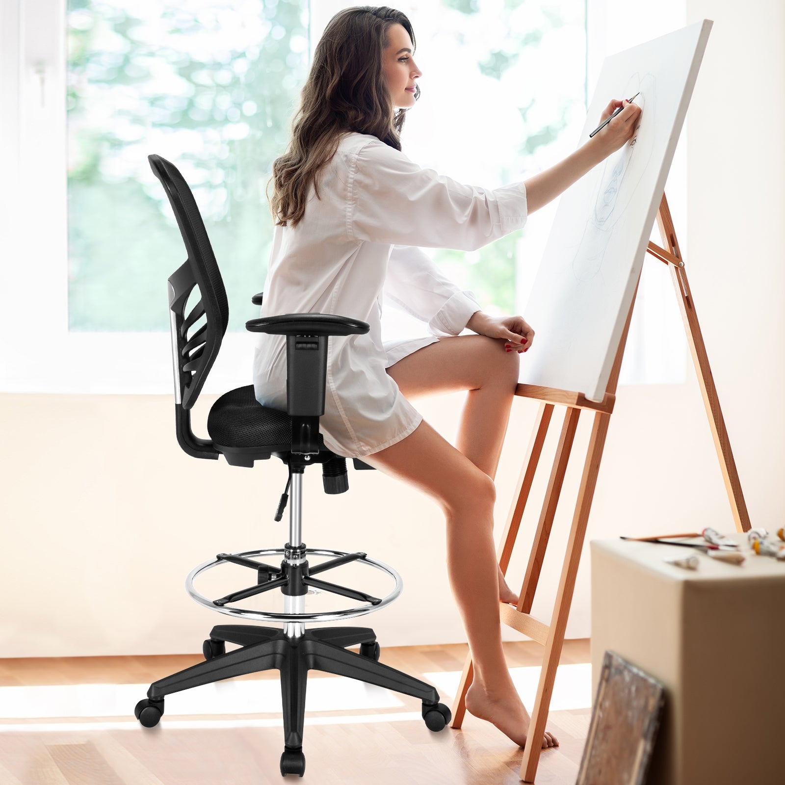 Black Mesh Drafting Chair with Foot Ring
