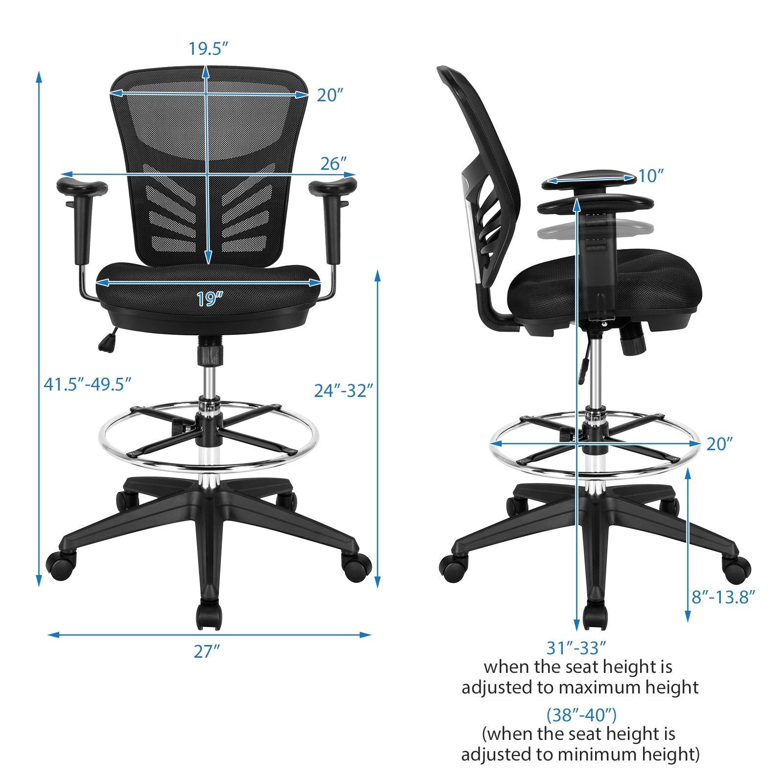 Black Mesh Drafting Chair with Foot Ring
