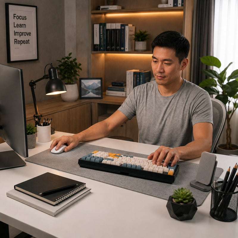 A man in a gray t-shirt sits at a desk using a mechanical keyboard and mouse in a modern home office setup.