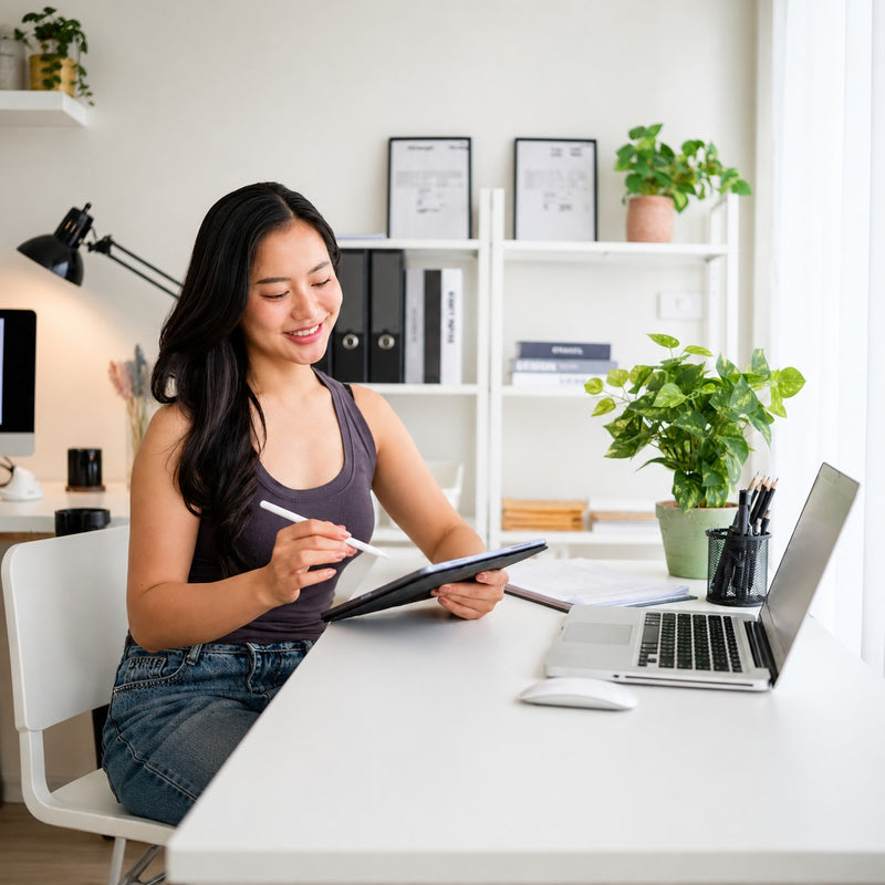 A woman with long dark hair sits at a white desk in a bright home office, holding a tablet and white stylus. She is wearing a dark gray tank top and blue jeans.