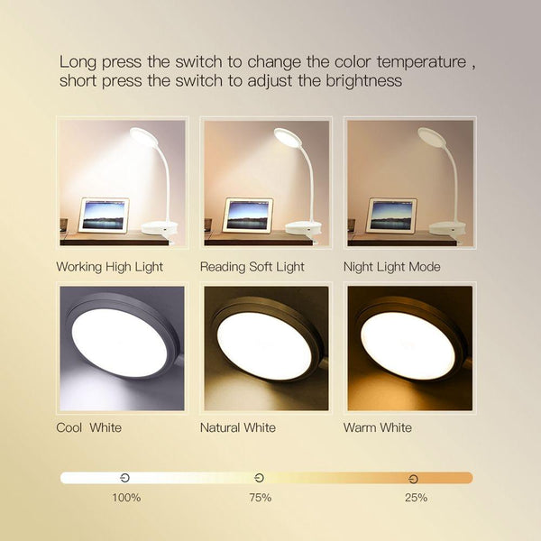 USB Rechargeable Led Clamp Desk Lamp Gooseneck Touch Dimming Clip On Reading Light For Book Bed and Computer 3 Color Modes Decorative Table Lamp Cute Study Lamps for Bedroom Décor